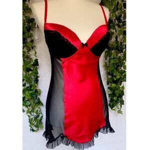Y2K Gilligan & O'malley Red Black Satin sheer Pushup Slip Dress lingerie Medium